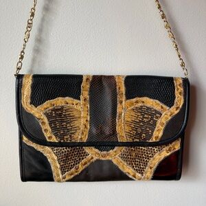 Vintage Snakeskin and Lizard Bag by Varon Clutch w Gold Chain Shoulder Strap